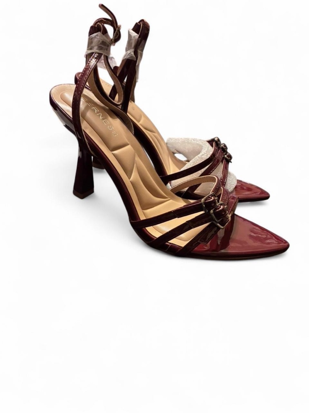 Patent Burgundy Strappy Heels with Buckle Accent